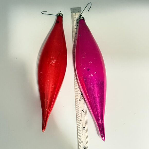 2 Vtg Poland Mercury Glass Teardrop Icicle Christmas Ornaments 8.5" Fuschia Red - Picture 4 of 15